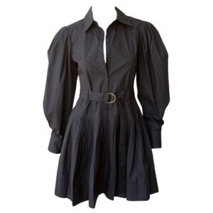 Vivenne Cotton Pleated Belted Long Sleeve Mini Dress In Black